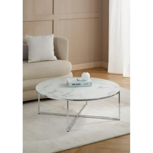 Tavolino Rotondo Xl Da Salotto Con Piano In Vetro Effetto Marmo Antigua*Westwing Collection Fashion