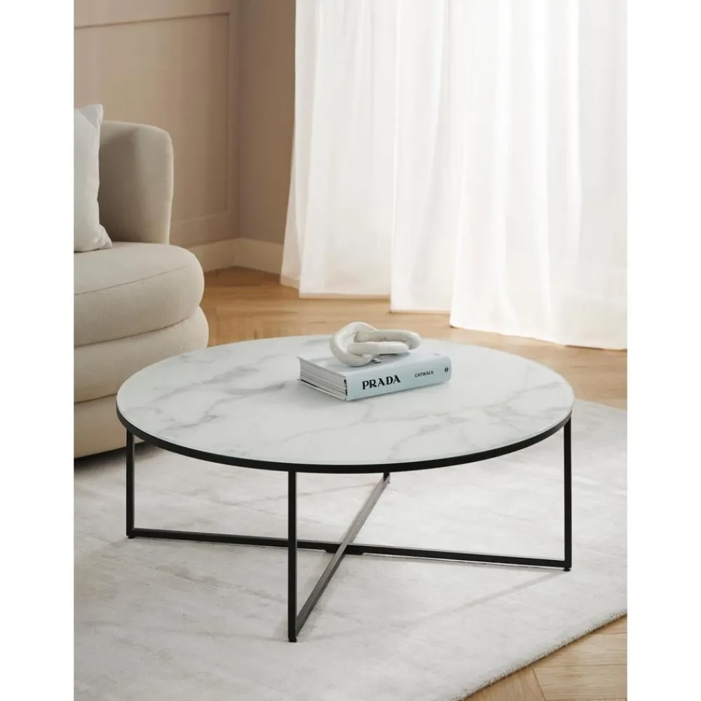 Tavolino Rotondo Xl Da Salotto Con Piano In Vetro Effetto Marmo Antigua*Westwing Collection Clearance